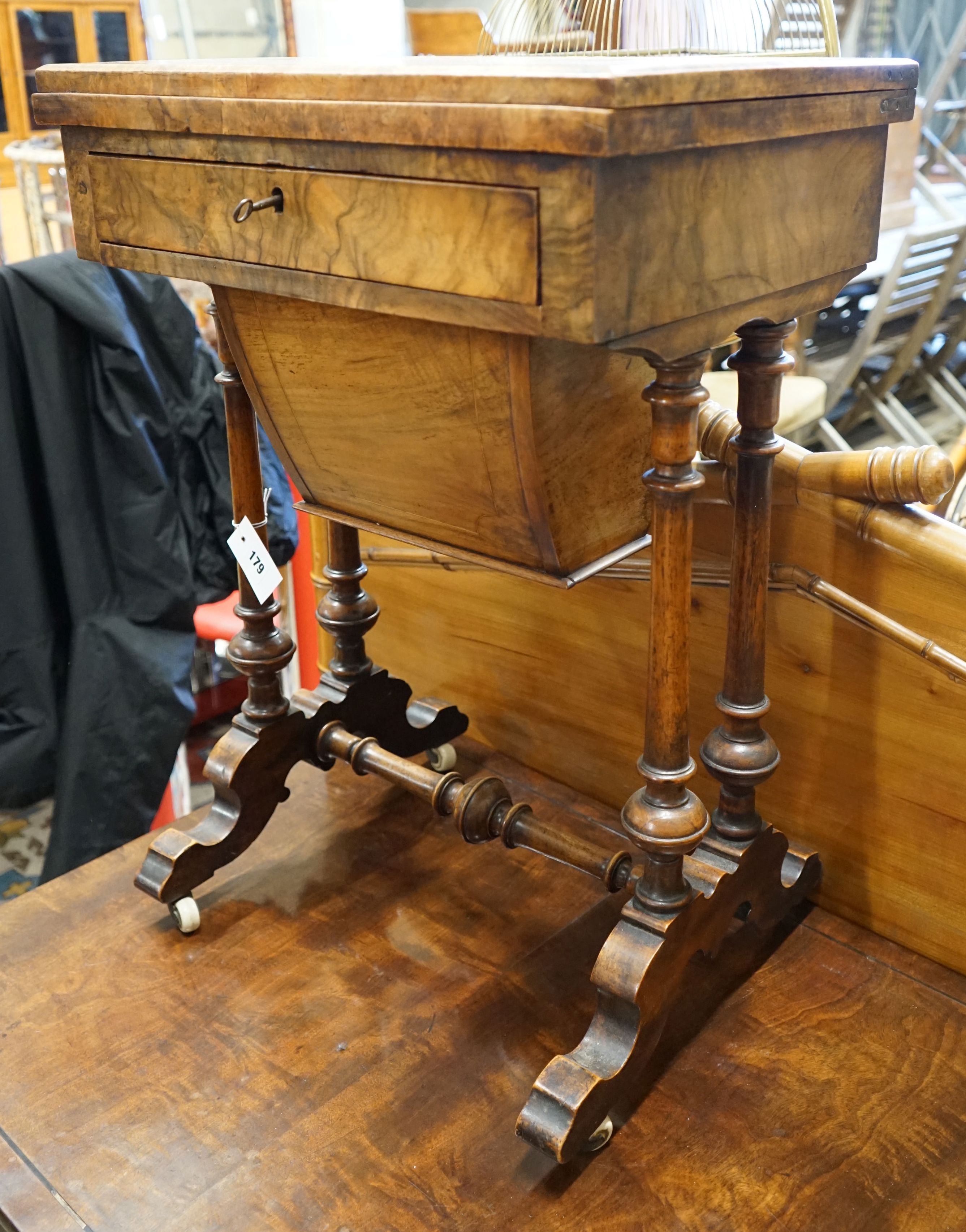 A Victorian walnut and marquetry worktable, width 51cm depth 38cm height 72cm